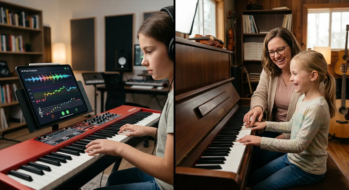 Human teacher guiding a student at the piano while a tablet shows AI analysis — technology and human touch in balance