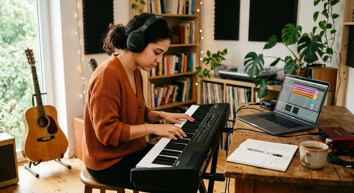 A music student practising at a keyboard with a laptop app nearby but attention on the keys