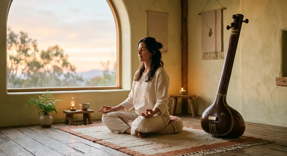 A person meditating beside a tanpura at dawn in soft golden light