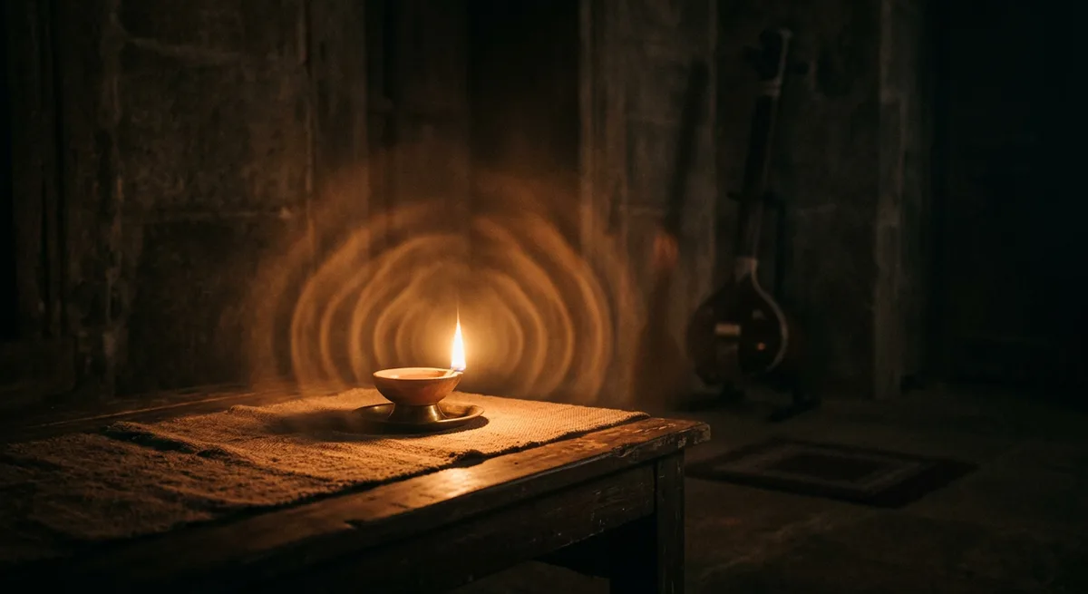 Primordial sound imagined as light — a single lamp glowing in soft darkness with faint sound-wave ripples