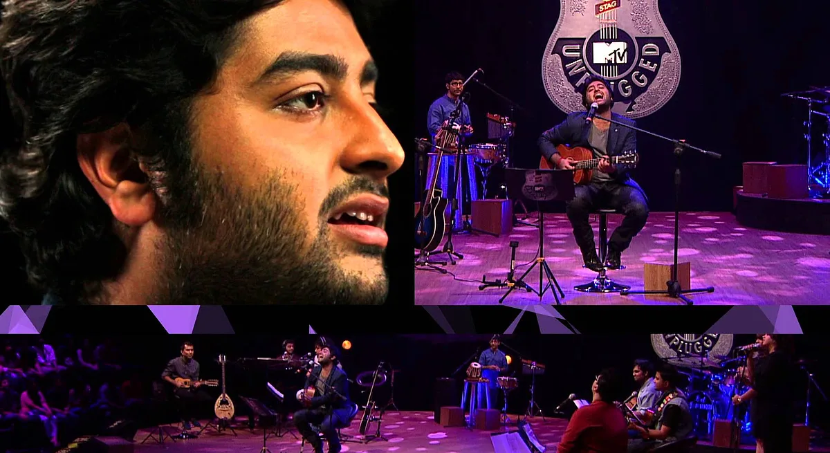 Arijit Singh performing live at MTV Unplugged — close-up profile beside a wide shot of him singing with guitar on stage