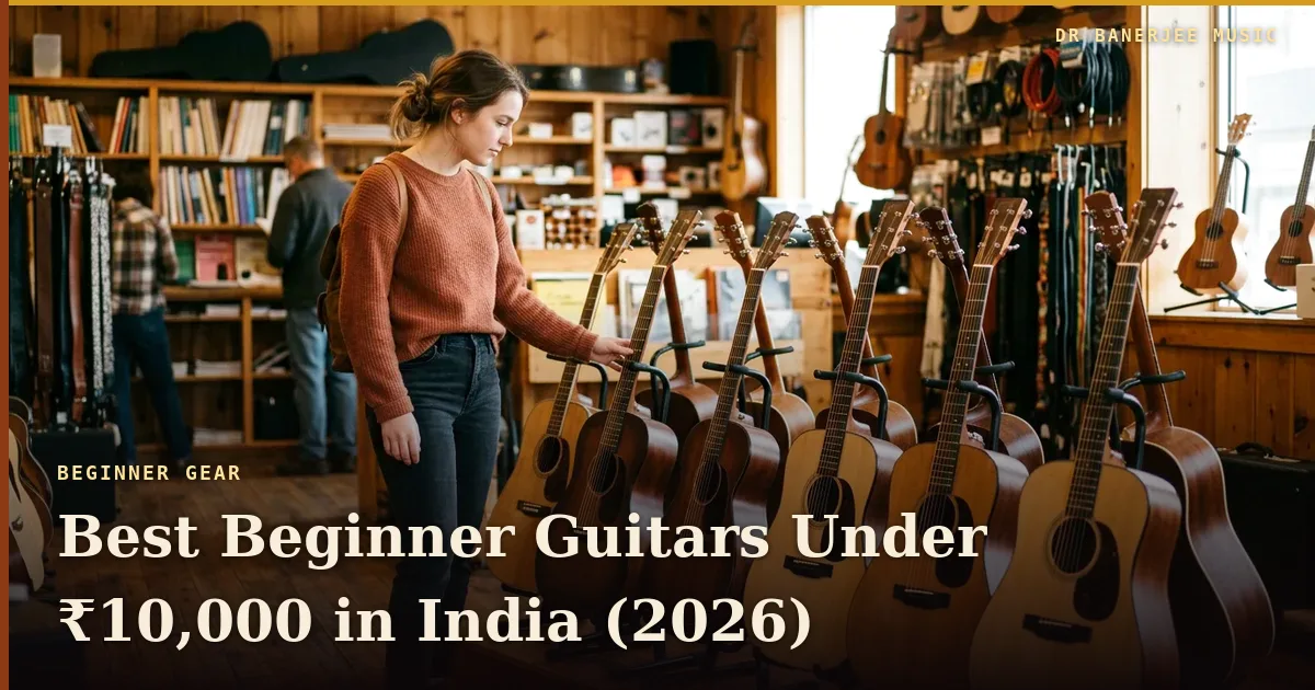 Best beginner guitars under Rs 10,000 in India — article title card in the Dr Banerjee Music house style