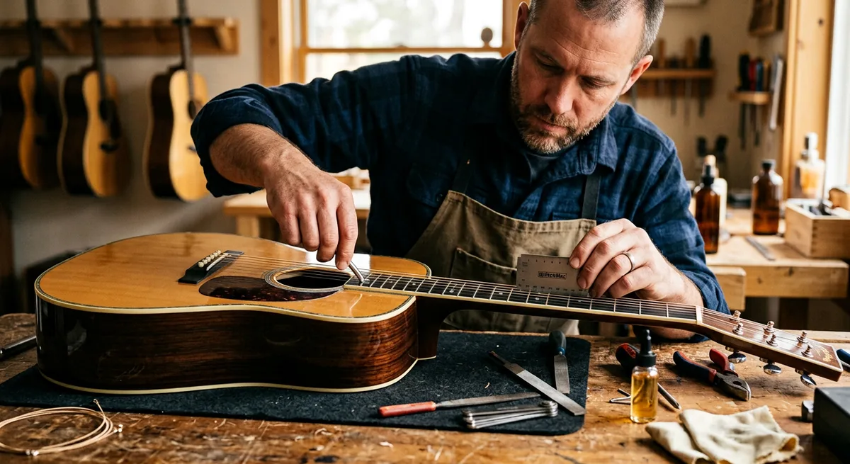 A technician adjusting the string height of an acoustic guitar on a workbench