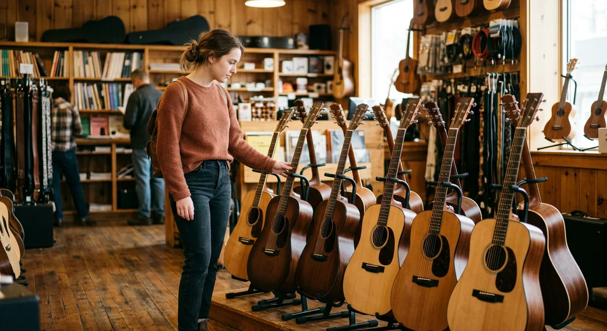 Several affordable acoustic guitars on stands in a music shop