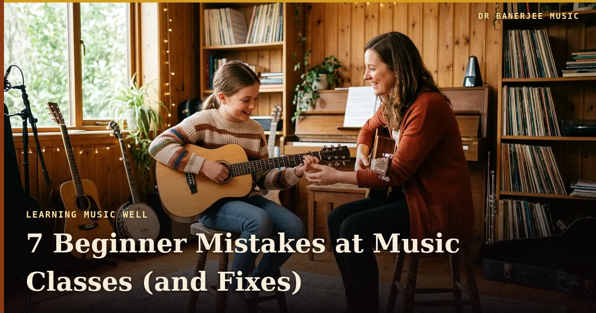 7 Beginner Mistakes at Music Classes — title card with the subtitle “And the fix for each one”
