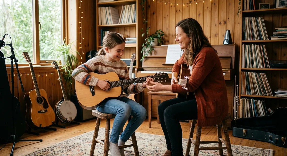 A beginner's first music class — a teacher gently correcting a student's guitar posture in a warm studio