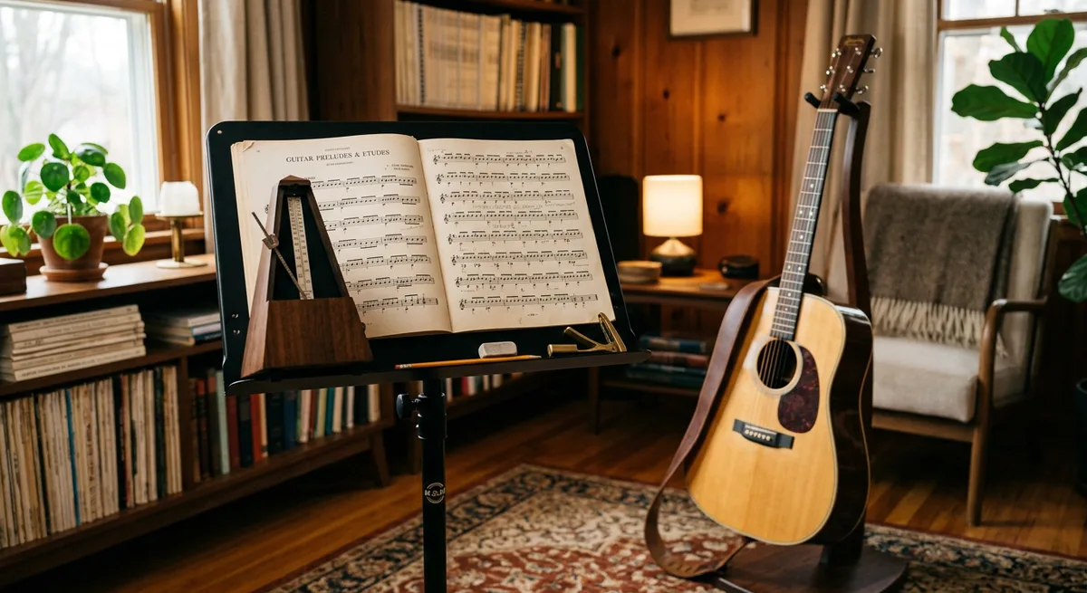 A metronome on a stand beside sheet music and a guitar in a cosy practice room