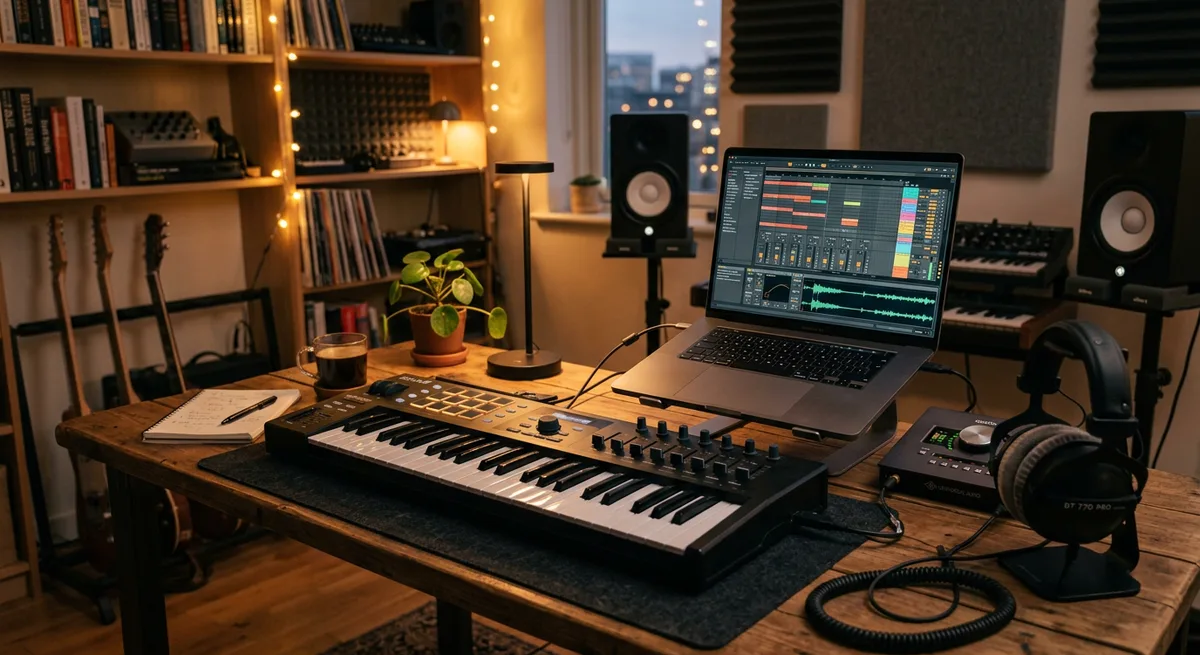 A MIDI keyboard controller on a desk connected to a laptop in a warm home studio