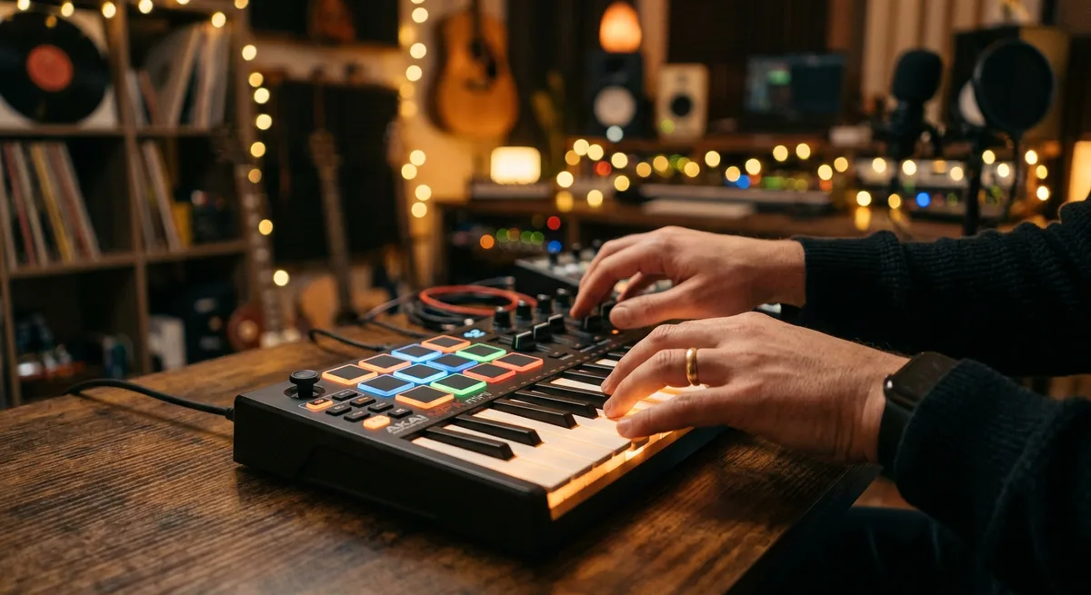 Hands playing a compact MIDI keyboard controller with glowing pads