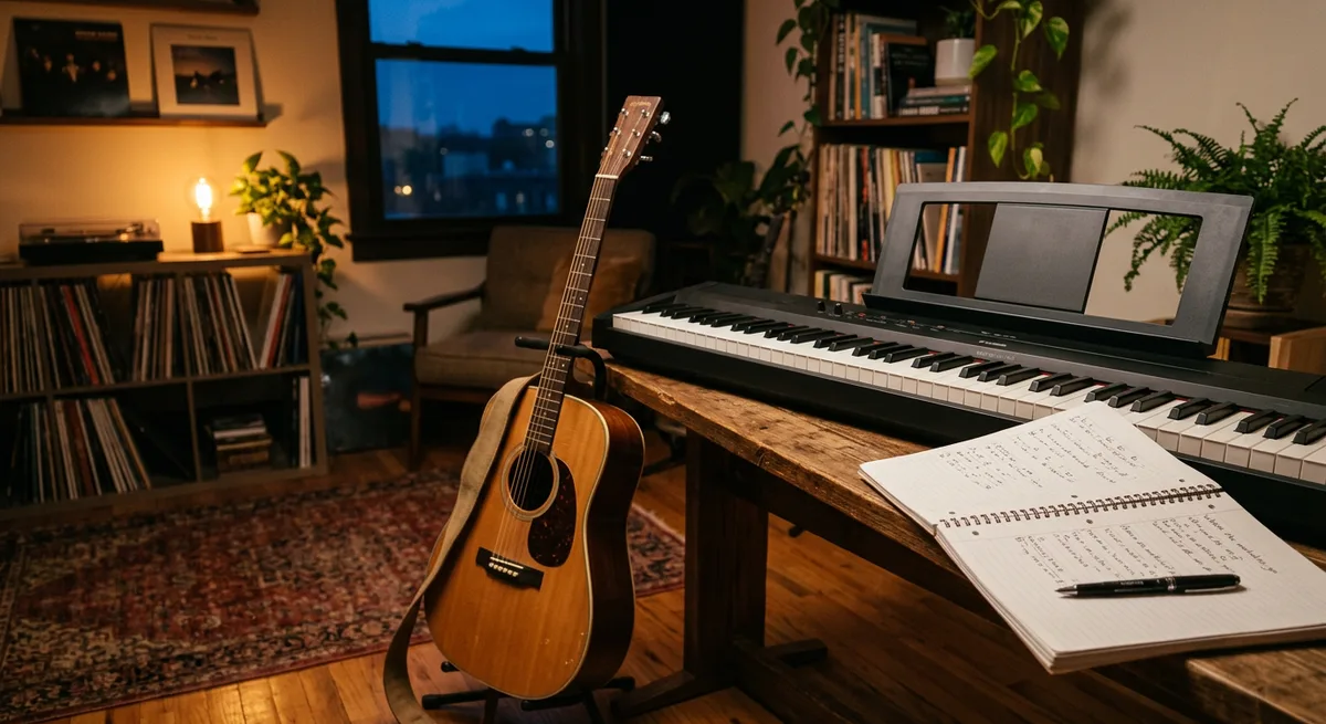 Keyboard and guitar together in a warm music room — the two instruments used to voice-lead the B minor progression