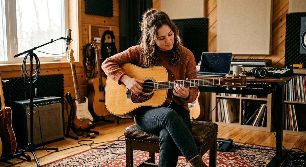 A person checking the fit and comfort of an acoustic guitar while seated