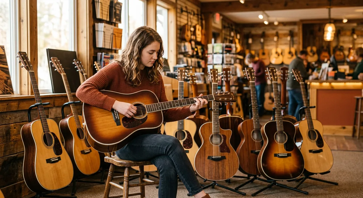 Acoustic guitars of different sizes on stands in a music shop, a young buyer considering one