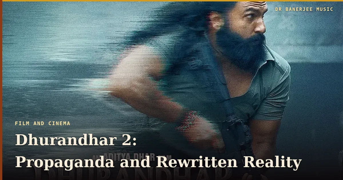 Dhurandhar 2, propaganda and rewritten reality — featured card over the Dhurandhar poster, Ranveer Singh mid-stride with rifle