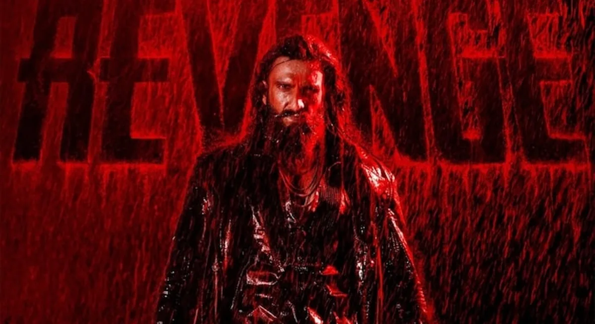 Dhurandhar 2: The Revenge announcement art — Ranveer Singh drenched in red, the word REVENGE behind him