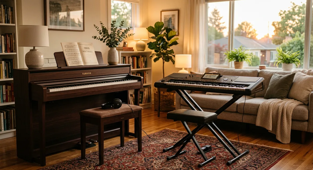 A digital piano and a portable keyboard side by side in a warmly lit living room