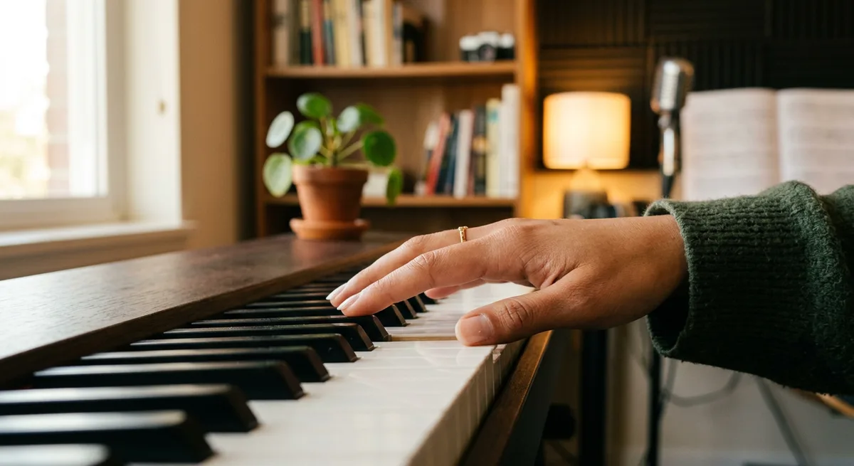Close view of weighted digital piano keys under soft light with a hand resting on them