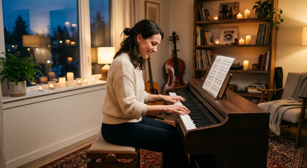 Diye Jalte Hain piano practice — a pianist playing in a warmly lit home studio at evening