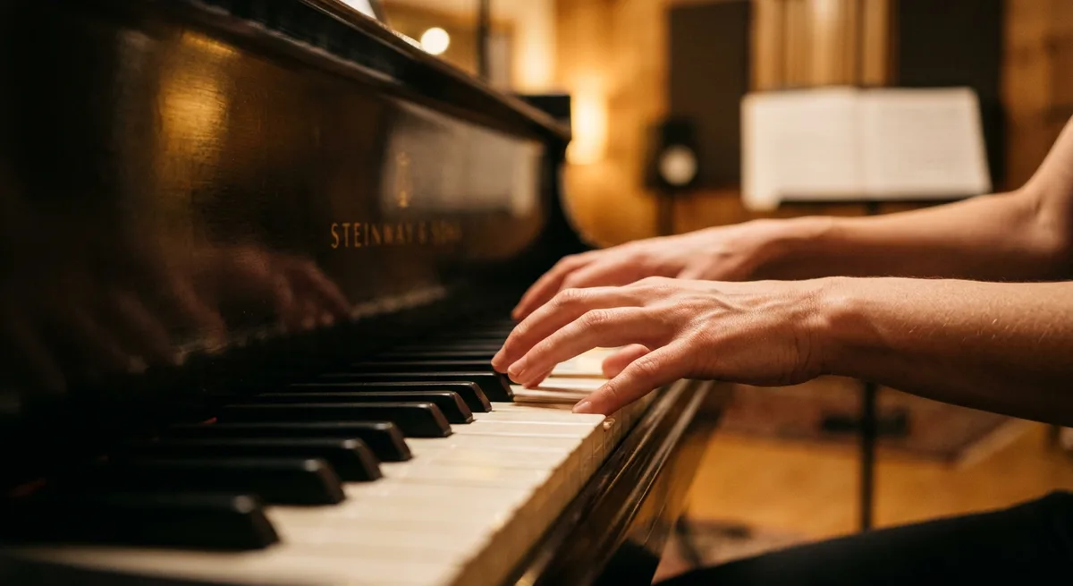 Piano keys in warm light — a close view of the keyboard used to shape the Diye Jalte Hain melody