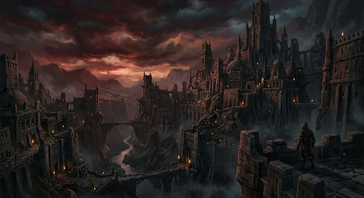 A brooding ancient city of clay and stone under a blood-tinged sky