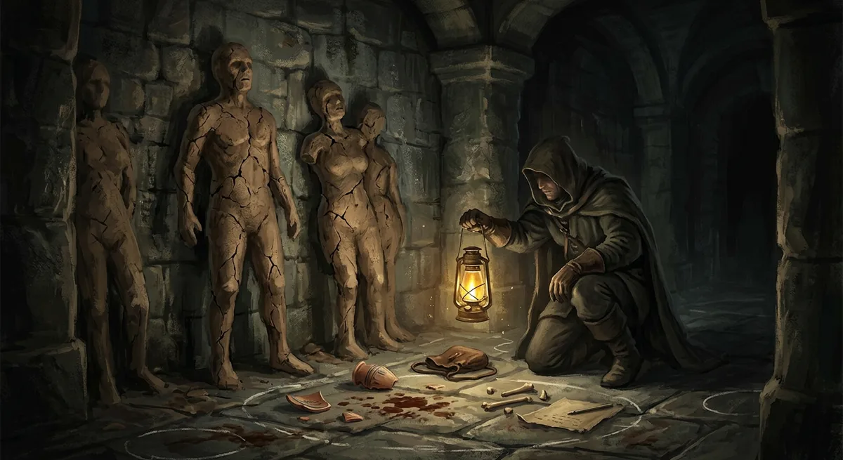 Cracked clay figures and forensic clues under lantern light