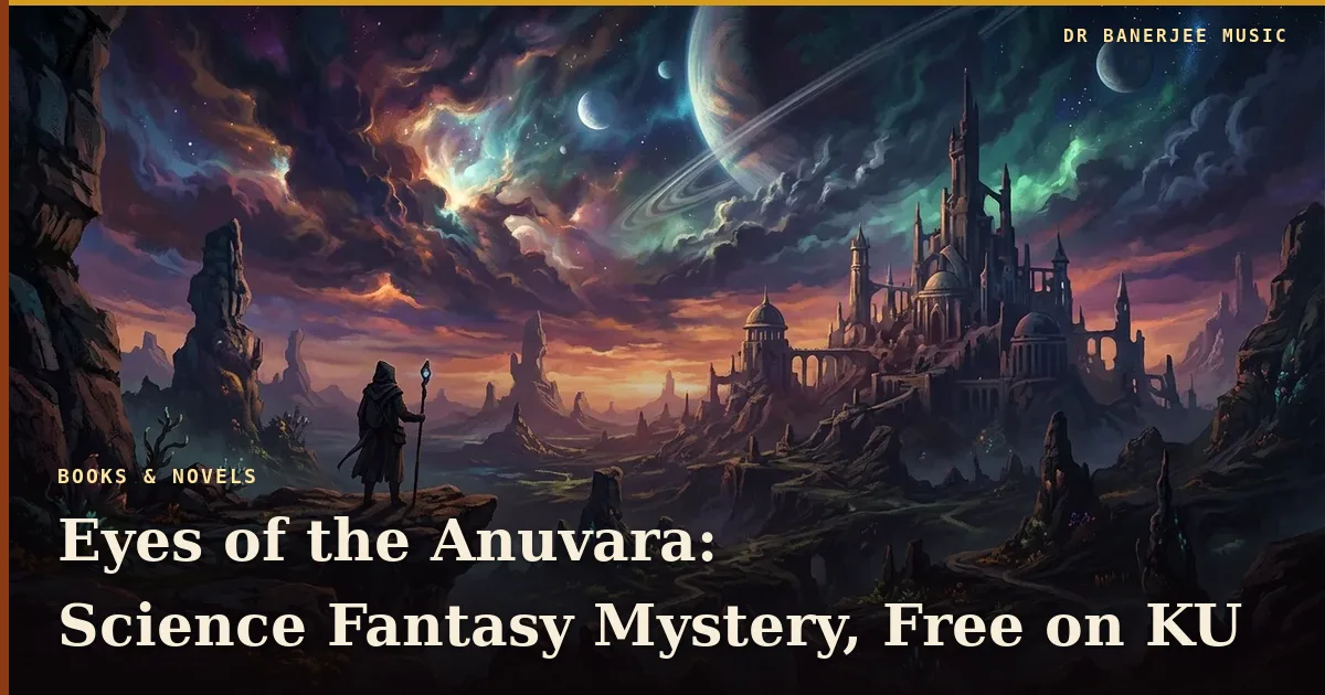 Eyes of the Anuvara, the journey begins — book announcement title card in the Dr Banerjee Music house style