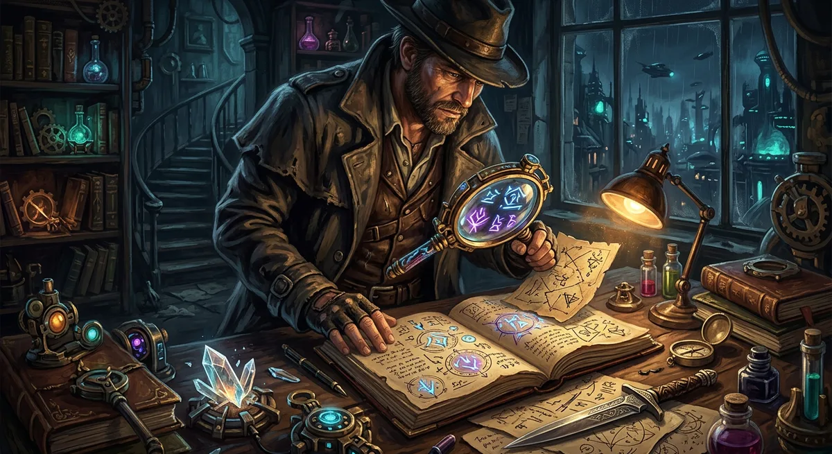 A detective's observation over cryptic symbols and clues on a desk