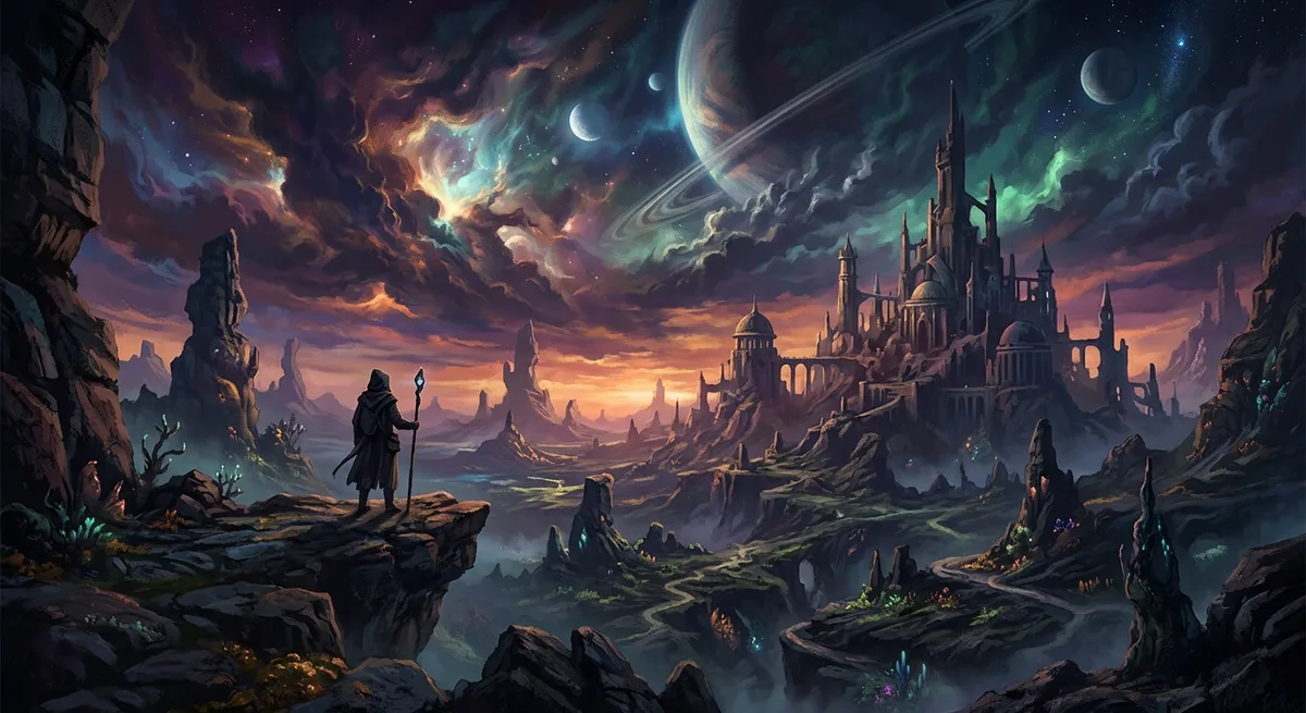 An atmospheric alien world with strange skies and a lone observer