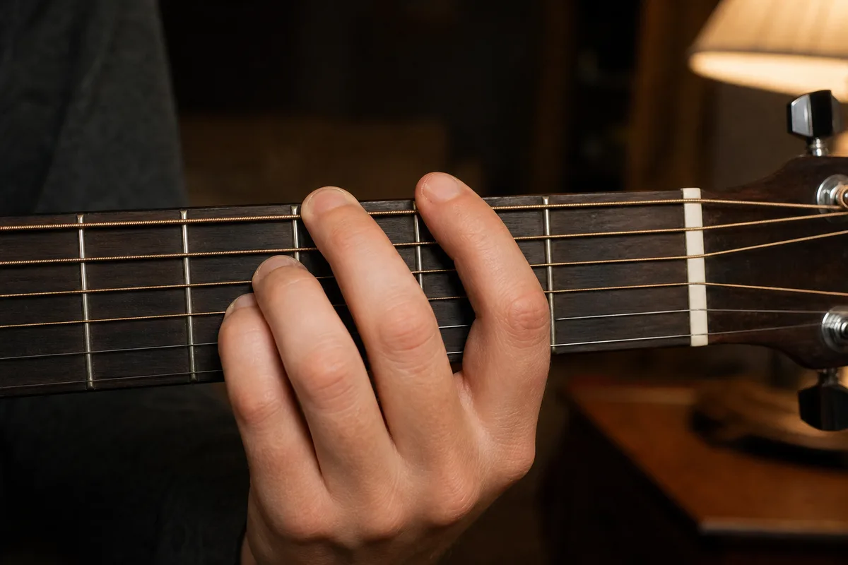 Left hand forming an E minor chord on an acoustic guitar