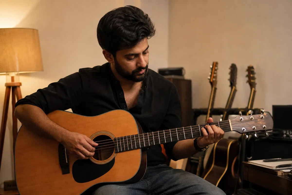 Acoustic guitar practice in a warm evening studio