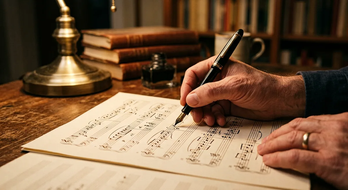 A hand writing musical notation on manuscript paper with a fountain pen