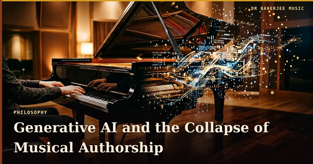 Generative AI and the collapse of musical authorship — article title card in the Dr Banerjee Music house style
