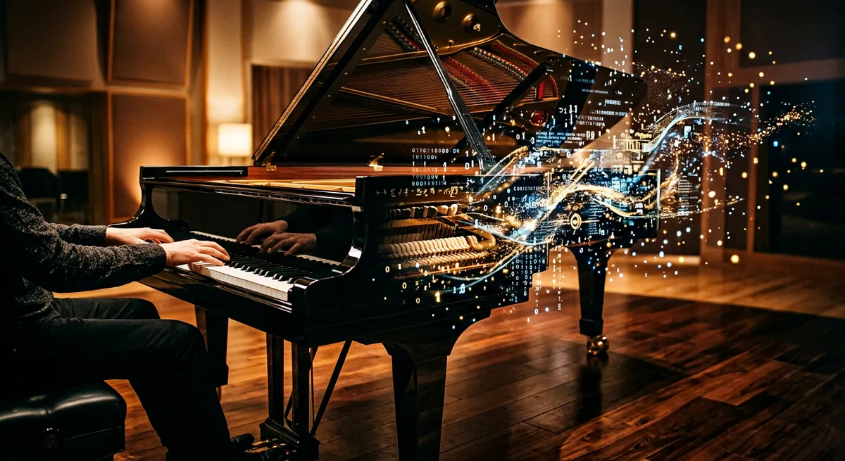 A grand piano dissolving into streams of abstract digital data
