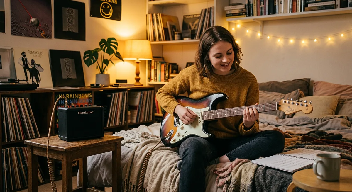 A beginner guitarist with an electric guitar plugged into a small practice amp in a cosy bedroom studio