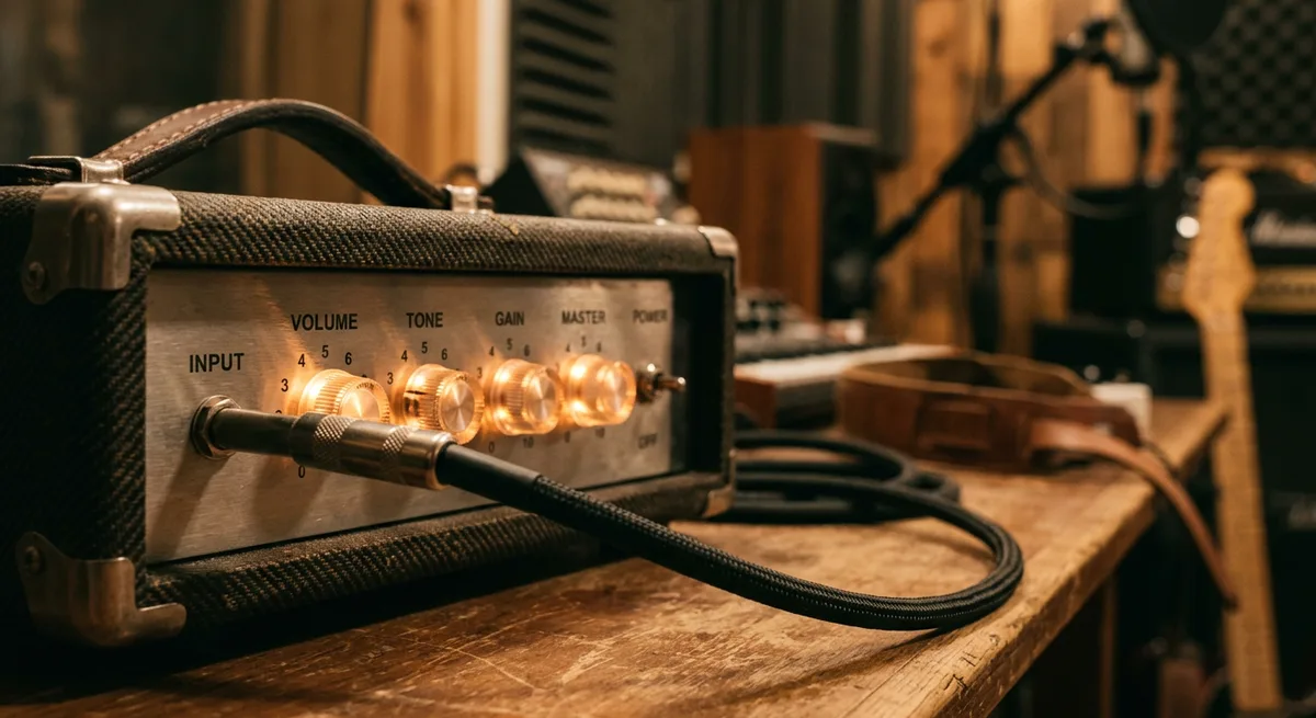 Close view of a guitar practice amp's control panel with softly glowing knobs and a plugged-in cable