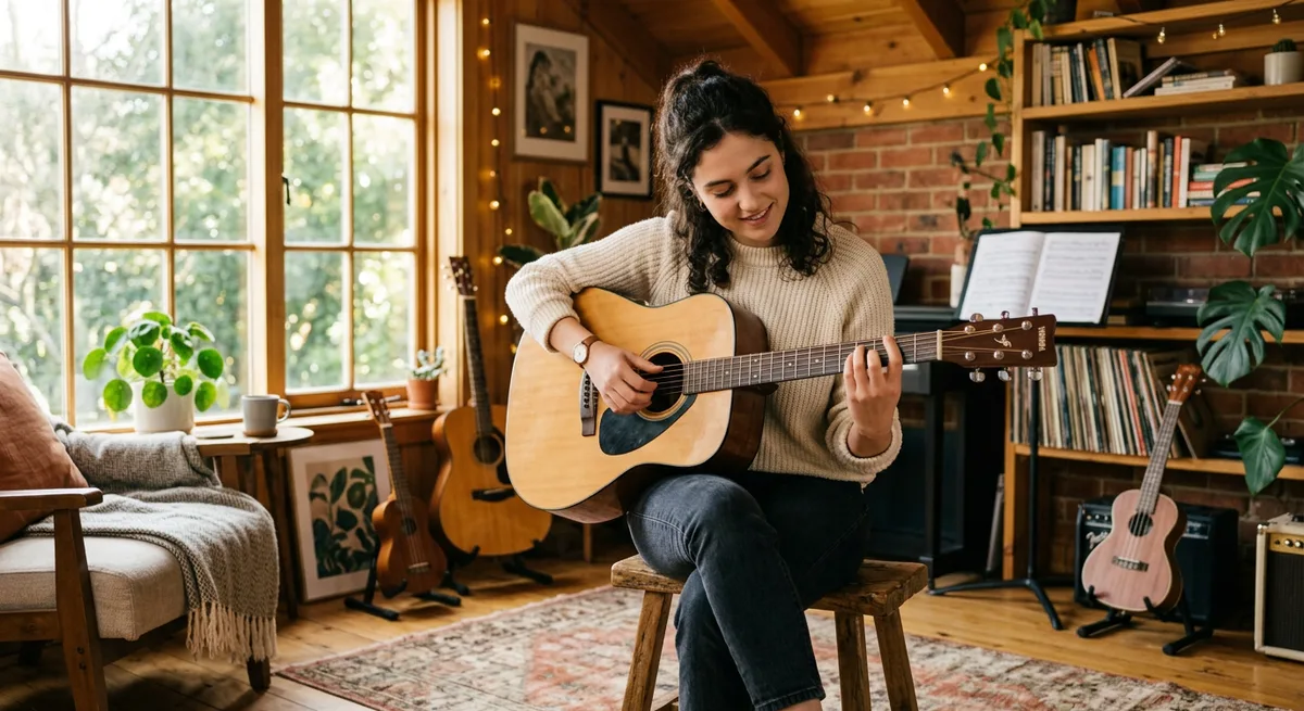 Guitar warm-up routine — a beginner running finger exercises on an acoustic guitar in a bright home studio