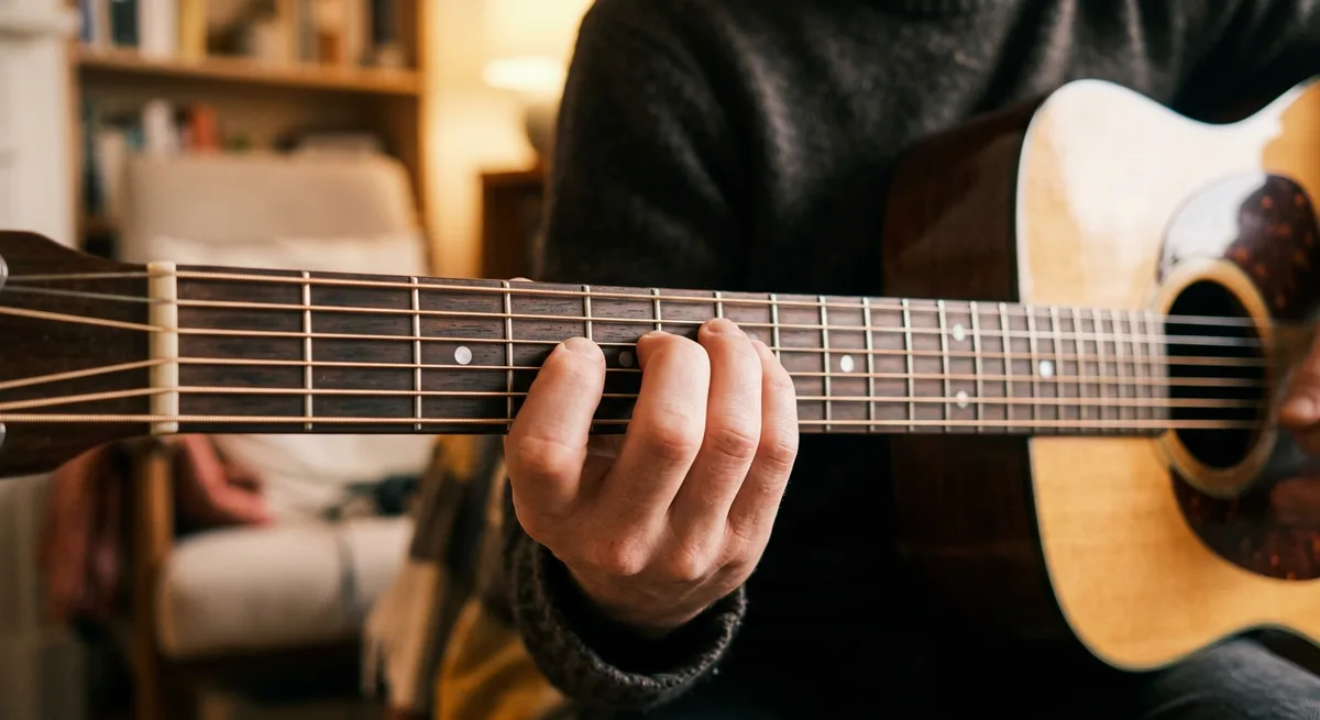 Close view of a guitarist's fingers running a chromatic exercise across the frets