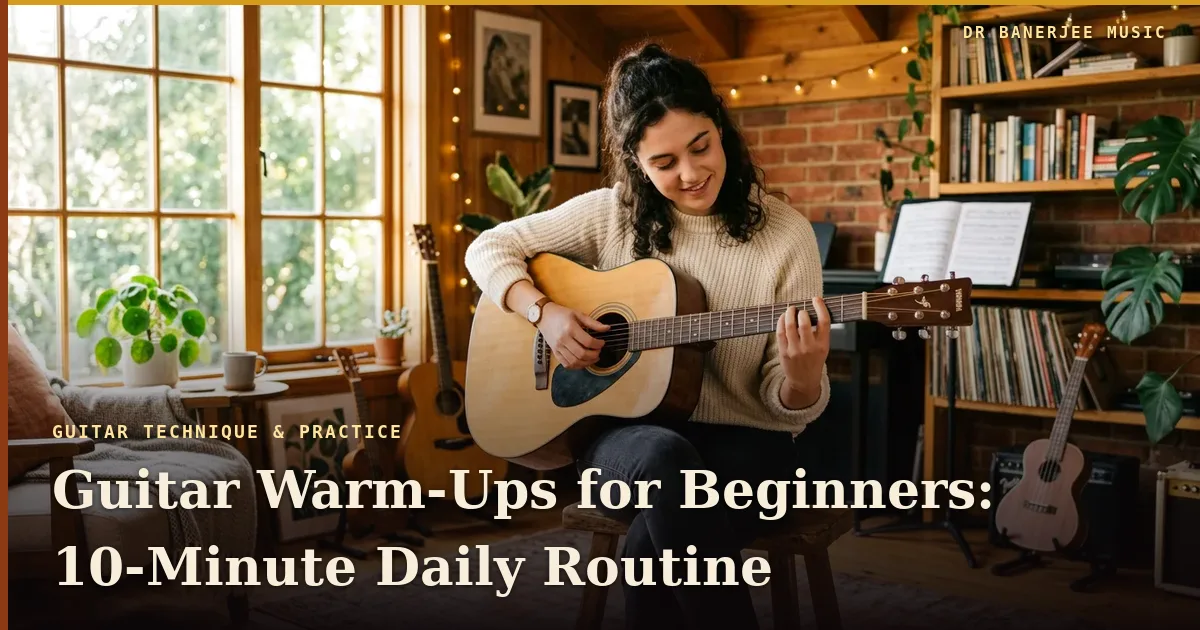 Guitar Warm-Ups for Beginners — title card with the subtitle “Five drills, ten minutes, every day”
