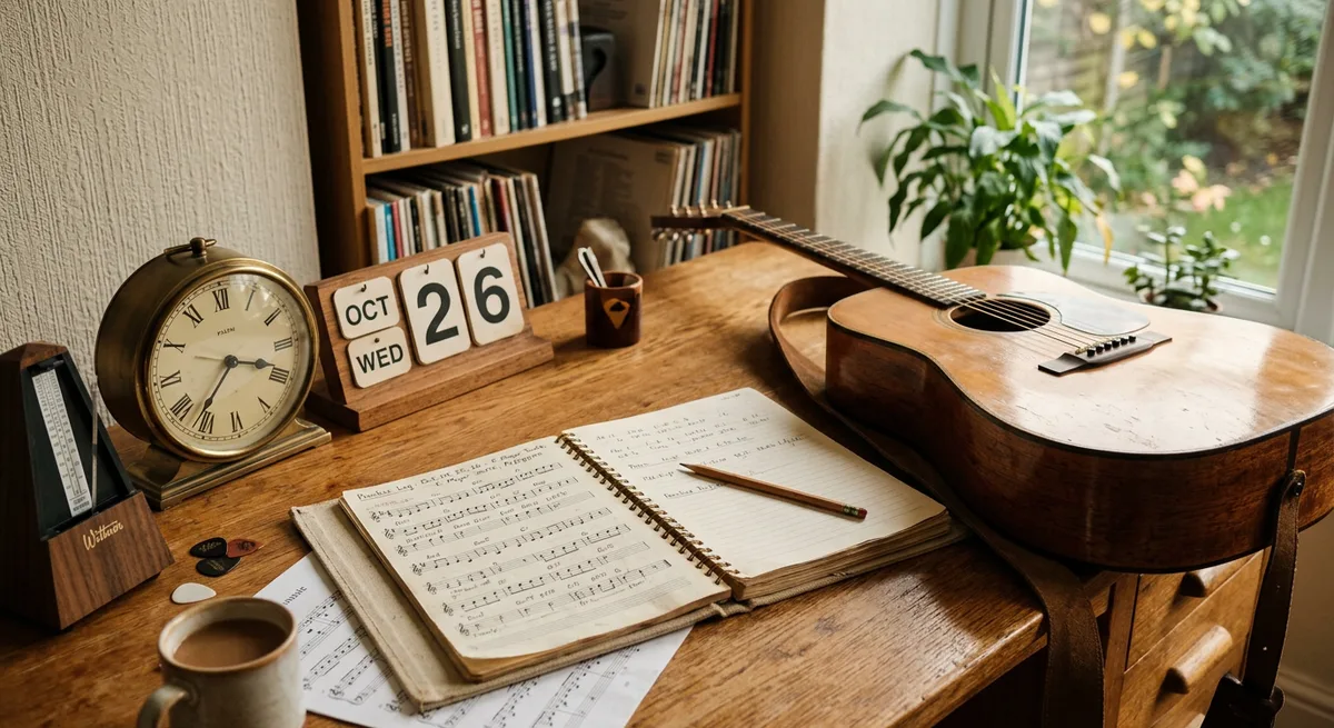 A calendar and clock beside a practice notebook and an acoustic instrument