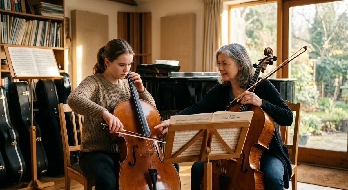 A student in a focused one-to-one music session with a teacher