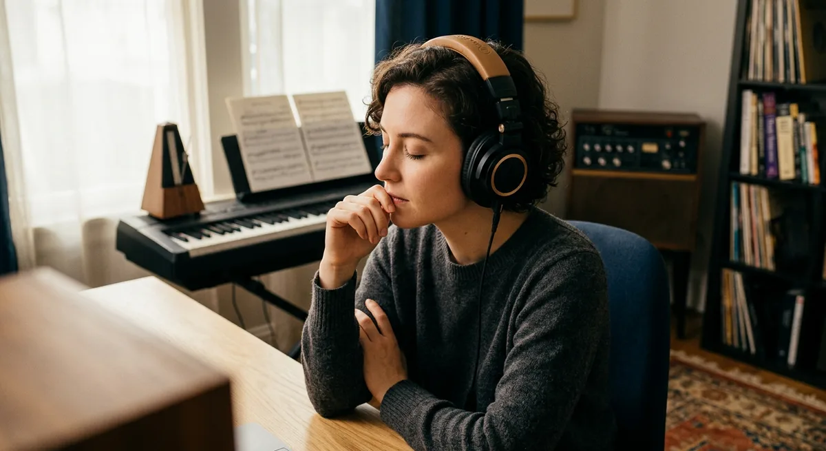 A person listening intently with closed eyes and headphones in a quiet room