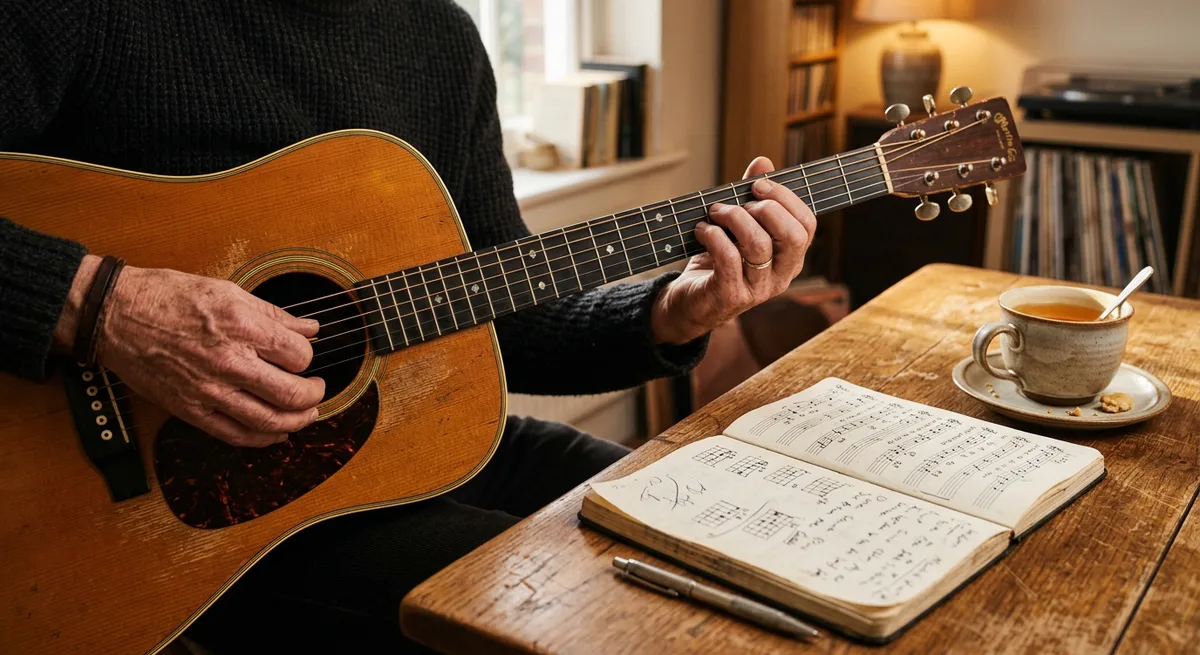A musician's hands on an acoustic guitar with an open notebook and tea nearby
