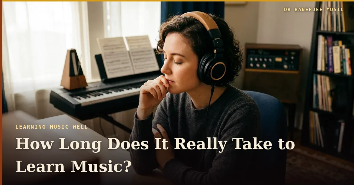How long does it really take to learn music — article title card in the Dr Banerjee Music house style