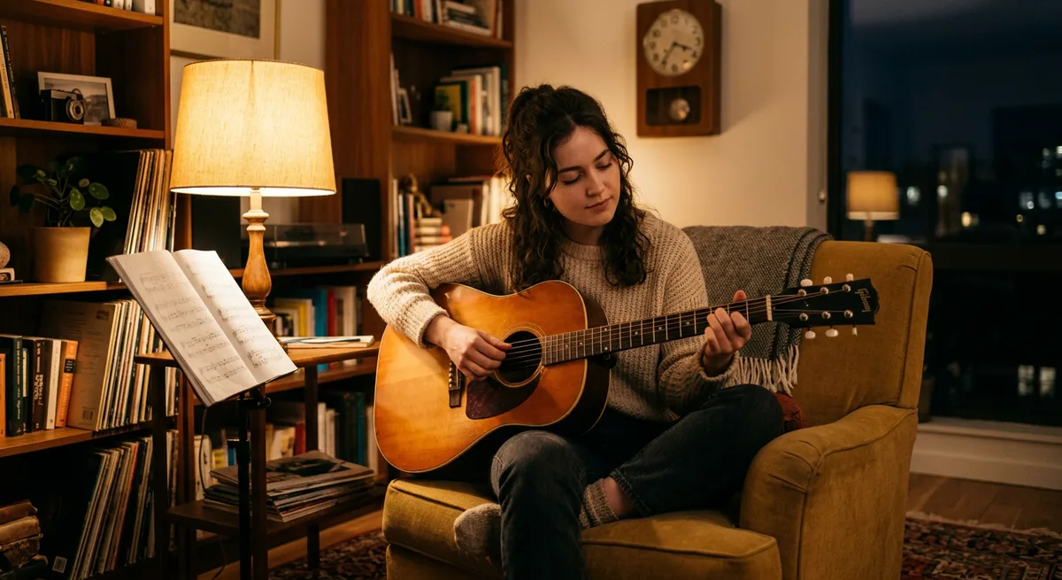 A music student in a calm evening practice session at home with a guitar