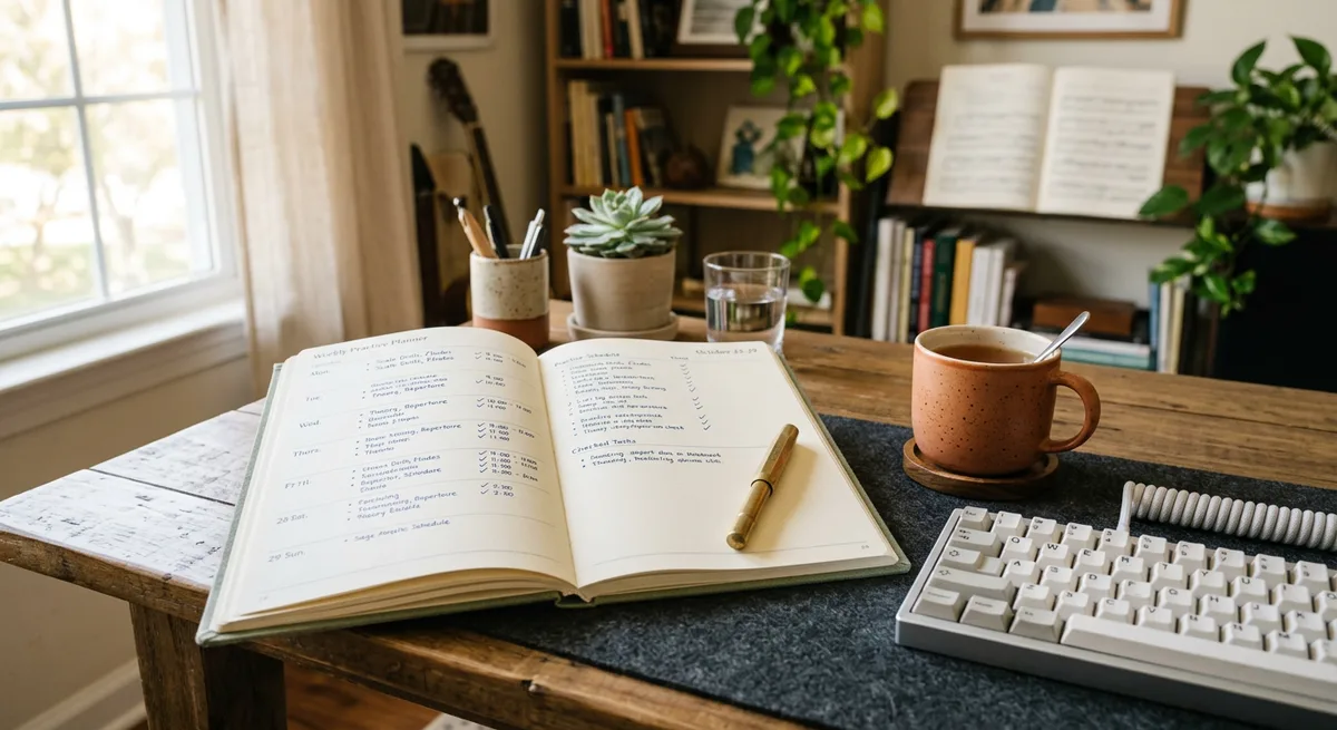 A weekly practice planner open beside a keyboard and a cup of tea in a home studio