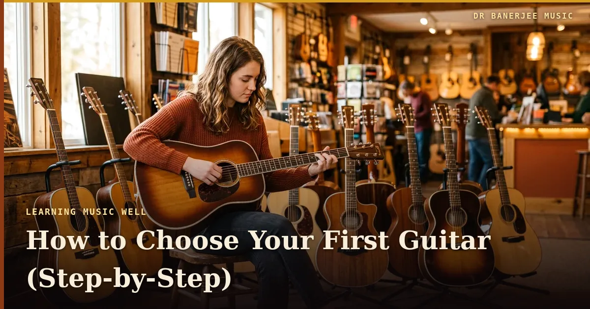 Choosing Your First Guitar — title card with the subtitle “A step-by-step shop check”