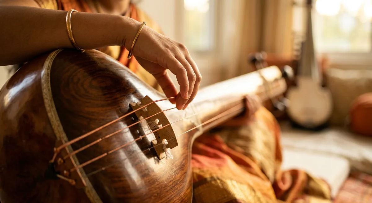 Tanpura strings and gourd in soft golden light, a hand plucking the drone