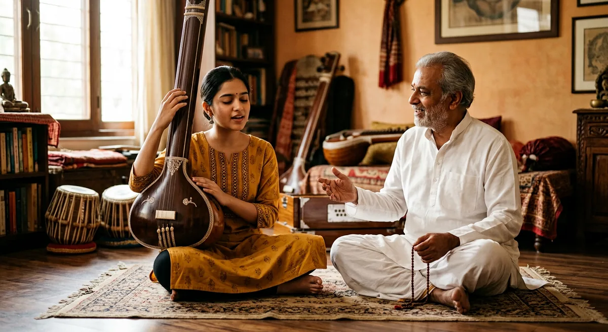 Indian classical vocal lesson — a student learning with a tanpura while an elder teacher guides beside them