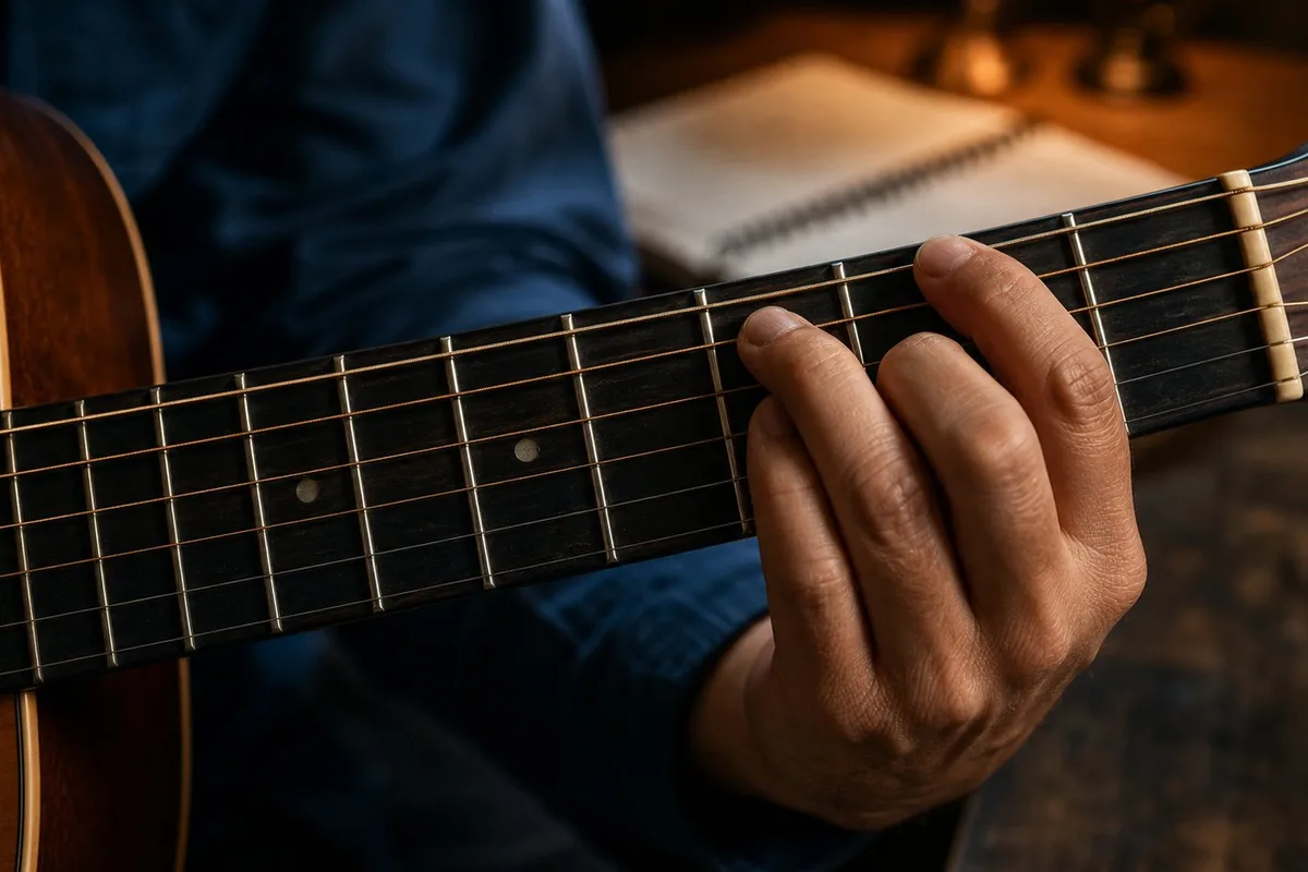 Close view of a guitarist changing chords on an acoustic guitar