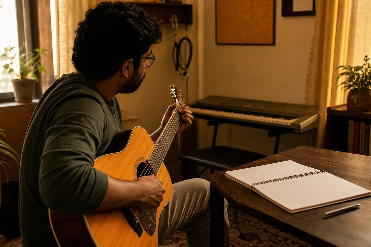 A guitarist practising with an open song notebook in a warm music room