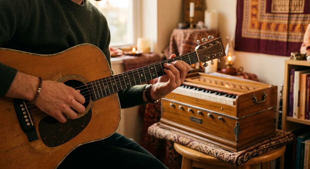 Guitar and harmonium side by side — mapping a devotional melody from the voice to the fretboard